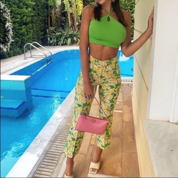 💚ZARA,Psychedelic Green/Yellow 1960’s Floral Printed High-rise Trouser,Size XS - Picture 1 of 14